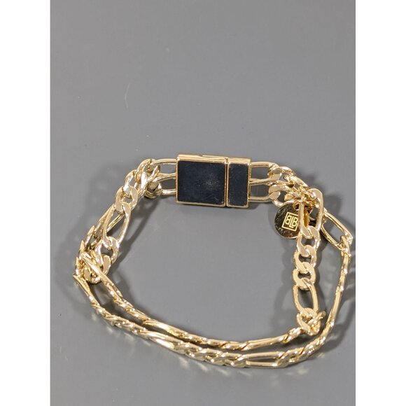 Gold Tone Figaro Double Chain Bracelet Magnetic Clasp 7" - Picture 3 of 8